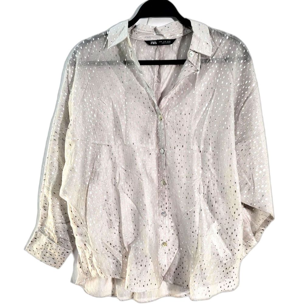 Zara White Semi Sheer Silver Metallic Sparkle Long Slv Button Up Collar Shirt M